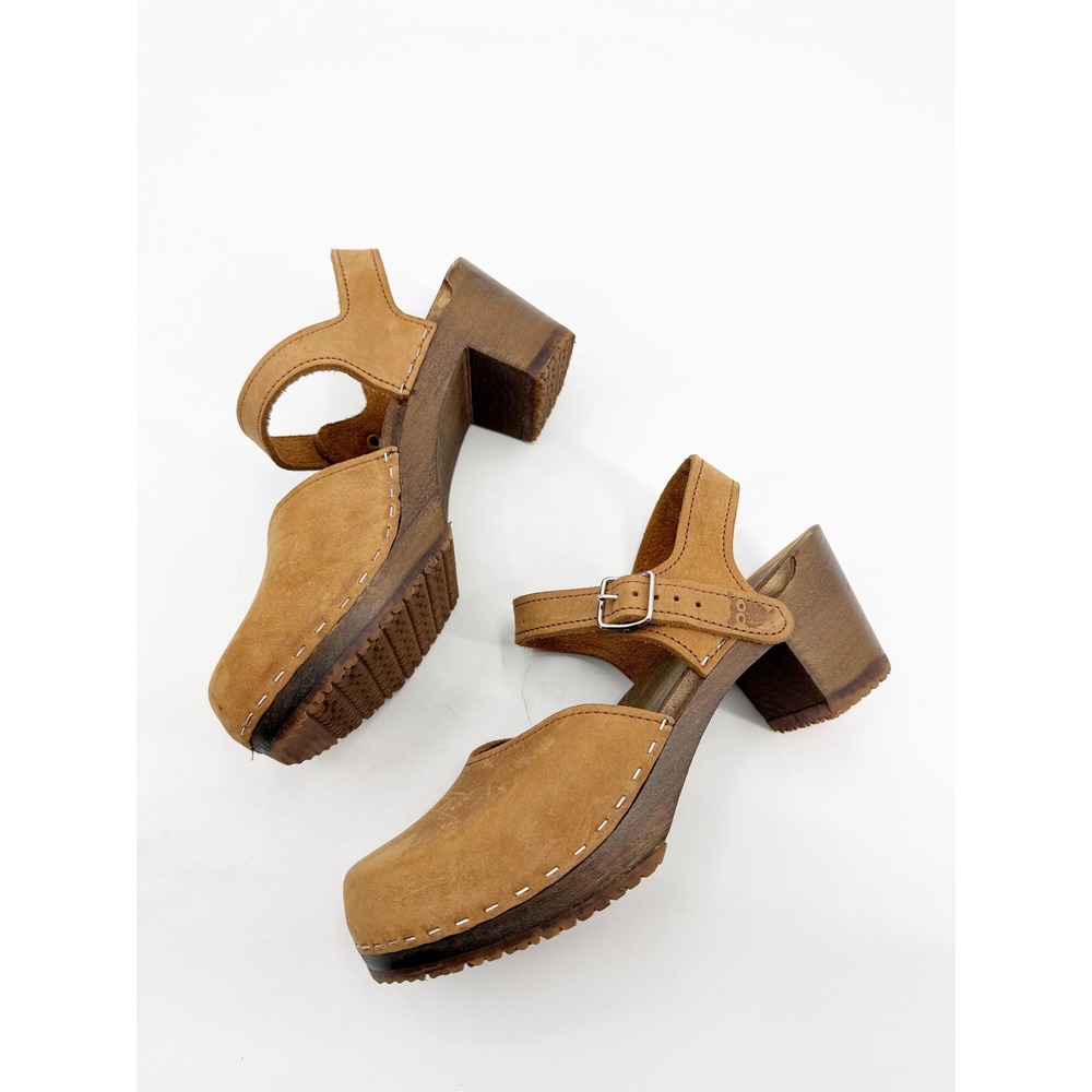 Sandgrens Handmade Swedish Tan Nubuck Leather Wooden Platform Clog Size 39 8-8.5 - Picture 3 of 14